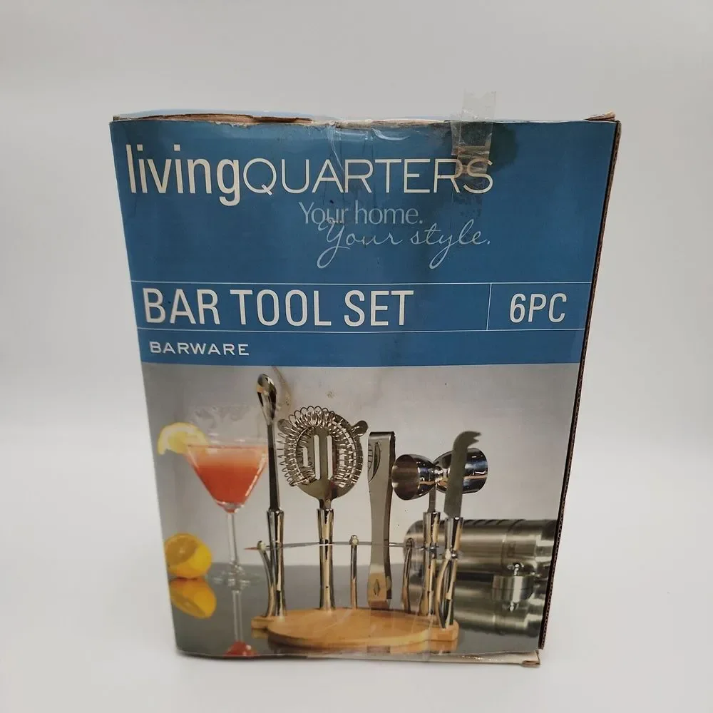 Vintage Living Quarters 6 piece  Bar‎ Tool Set Bamboo Board  Stainless steel